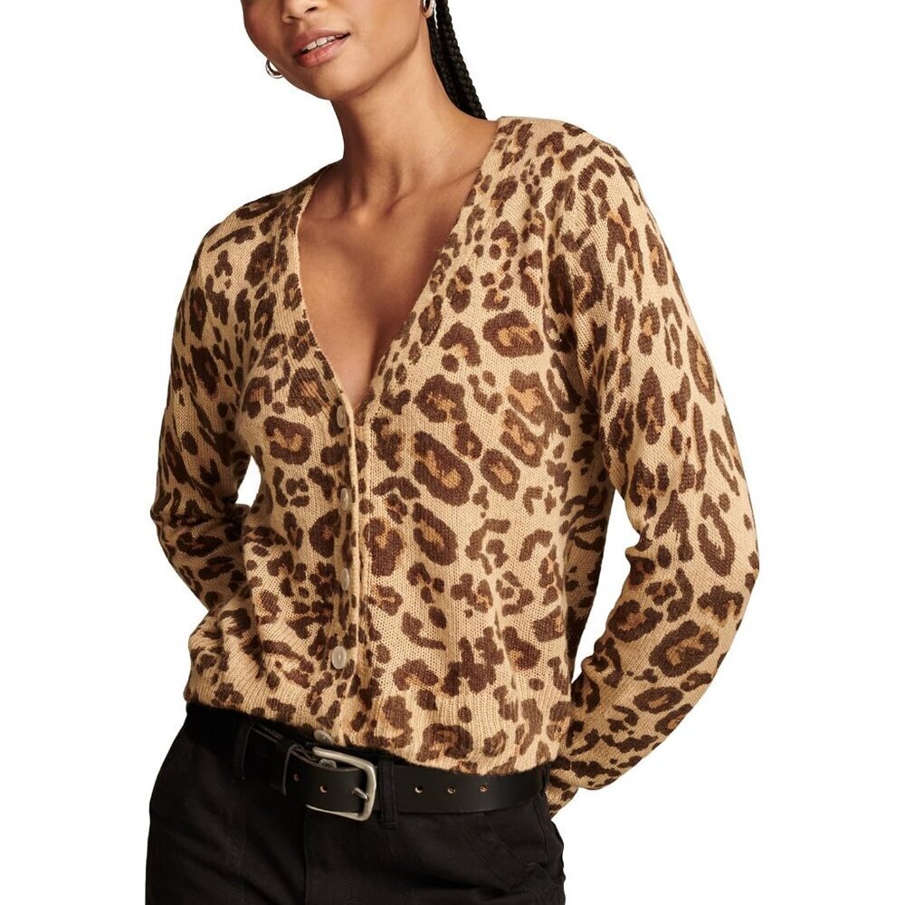 Womens Cheetah Print Cardigan Medium Acrylic V-Neck Button Long Sleeves